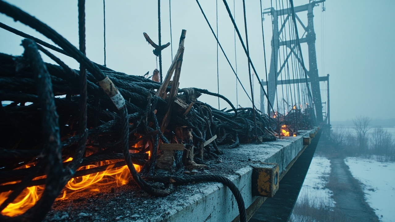 Scorched high-voltage power cables hanging from industrial steel bridge structure against gray winter sky