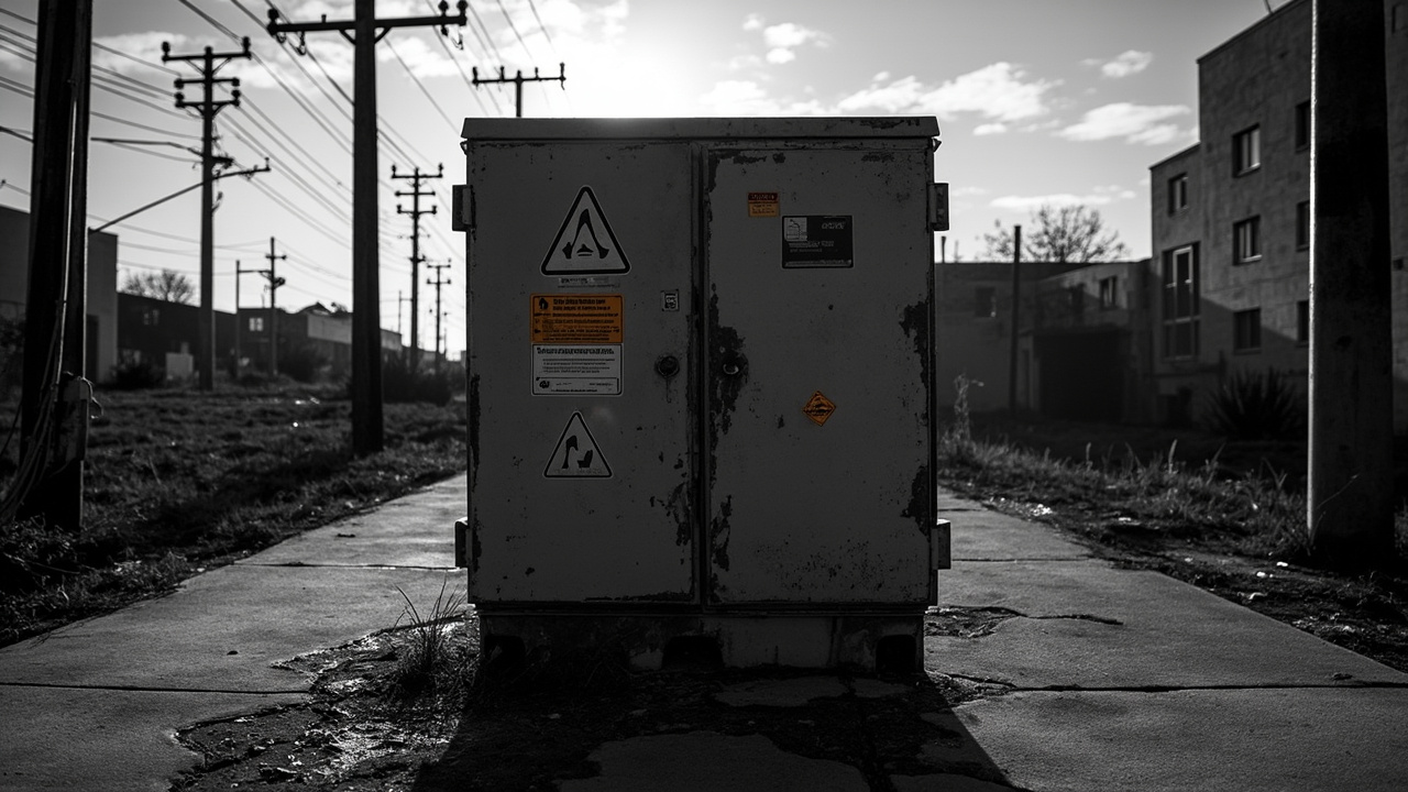 Industrial electrical utility box on urban street corner, heavy metal construction with weathered surface and warning markings