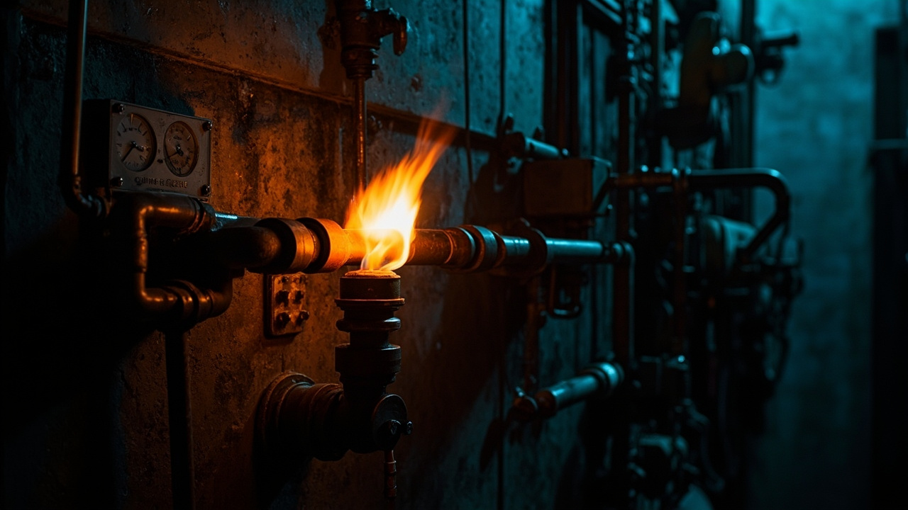 Industrial heating boiler with orange pilot flame in dark basement, copper pipes and analog pressure gauges visible