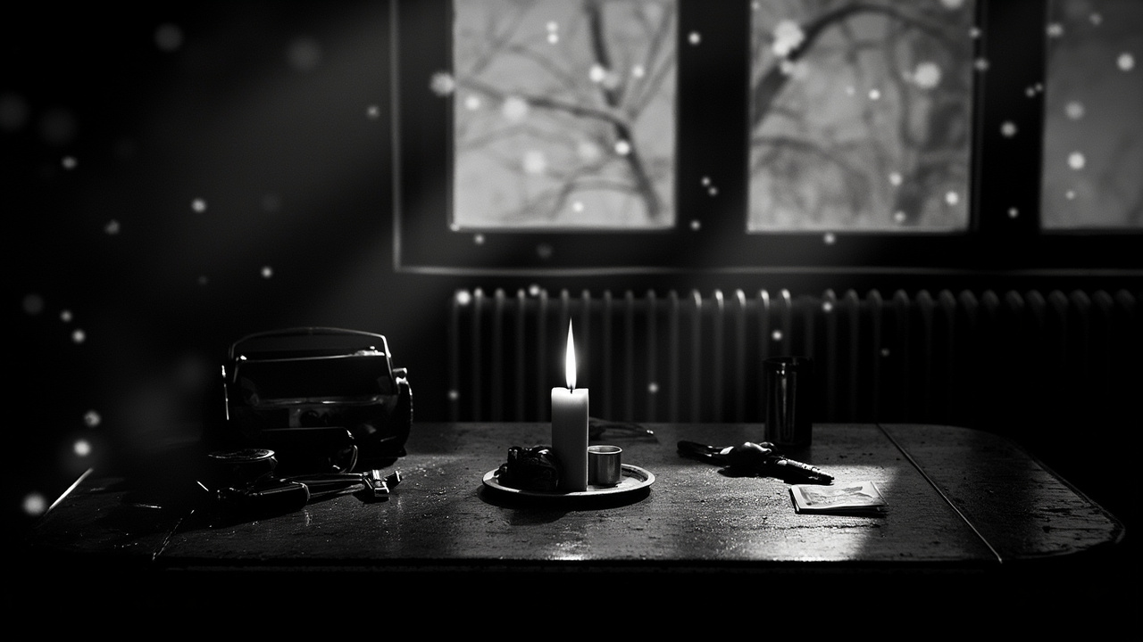 Burning candle on table in dark room, winter landscape visible outside, emergency radio and flashlight nearby