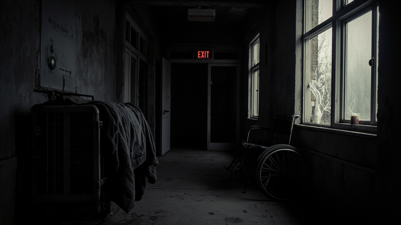 Dark corridor with wheelchair, blankets on radiator, extinguished candle on frosted window, emergency exit glow visible