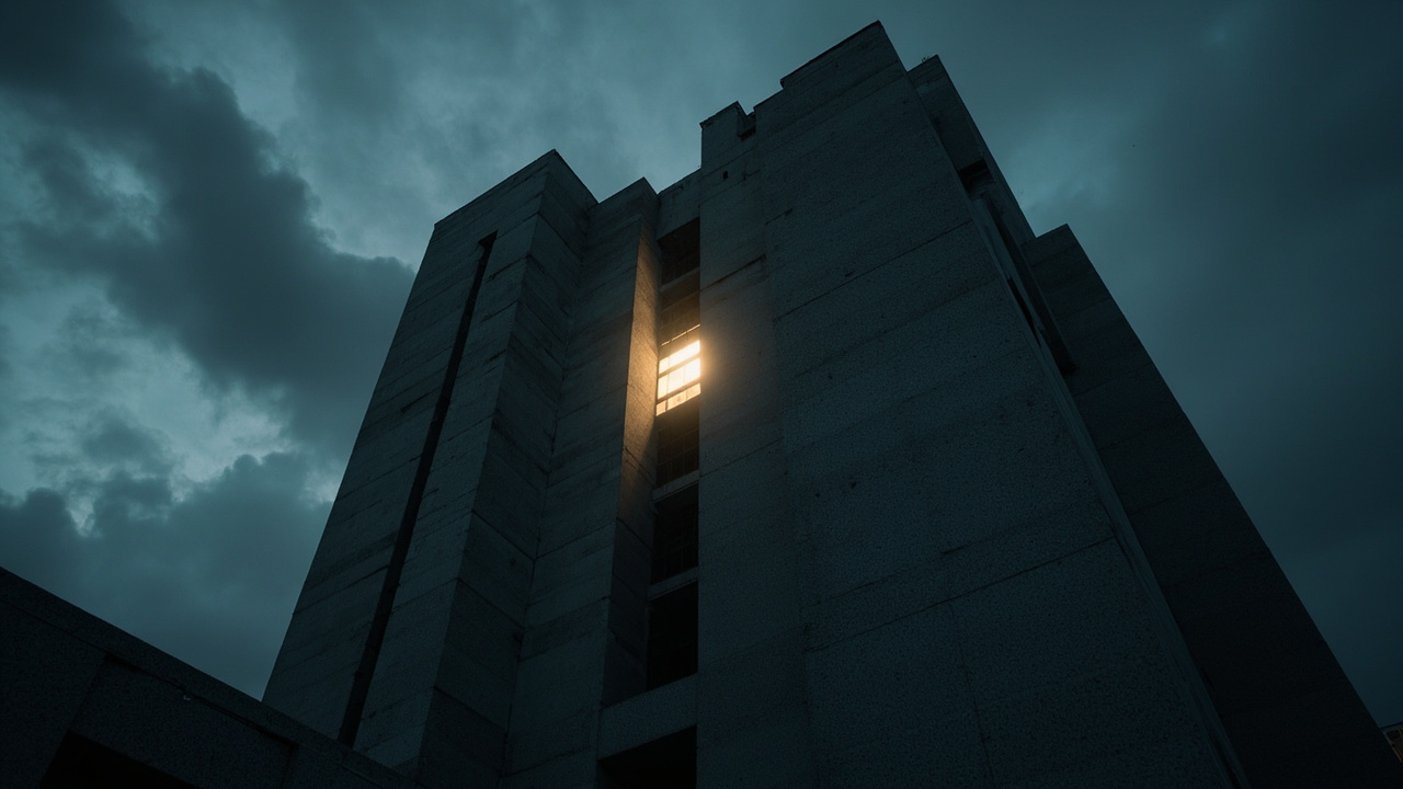 Stark concrete government building with single lit window against dark stormy sky