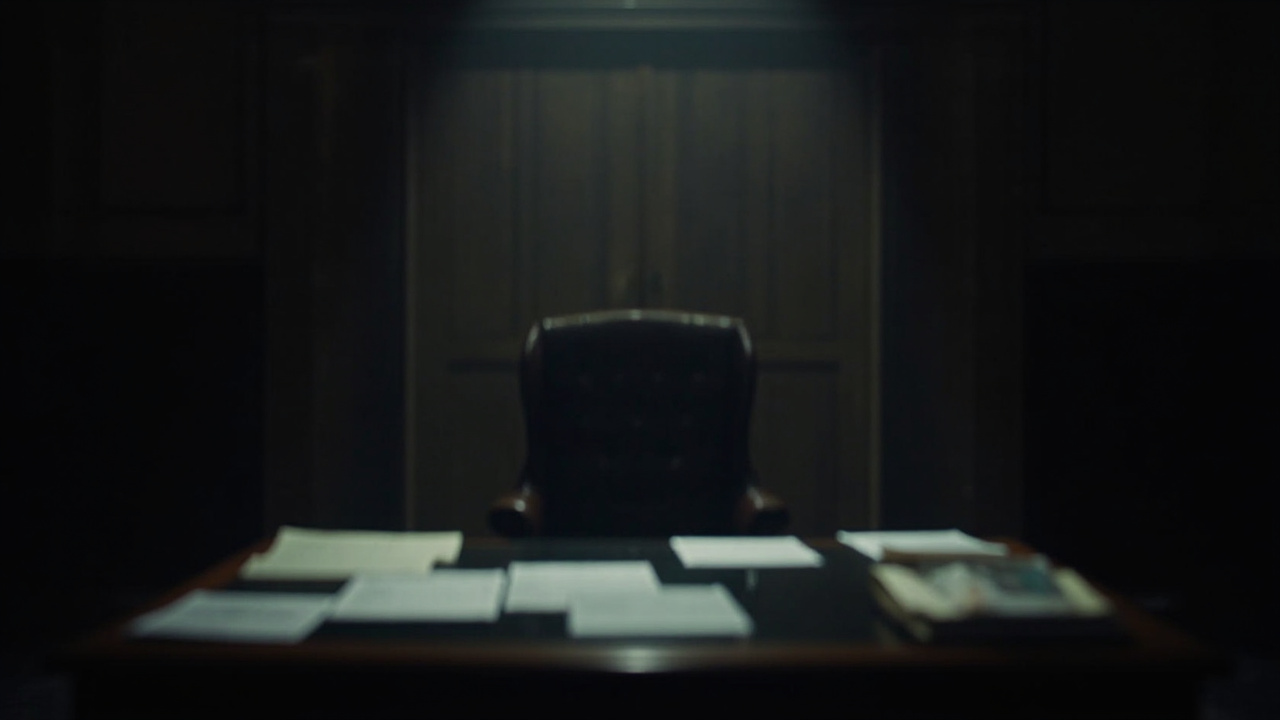 Vacant ministerial chair behind desk in dimly lit government office with closed doors in background