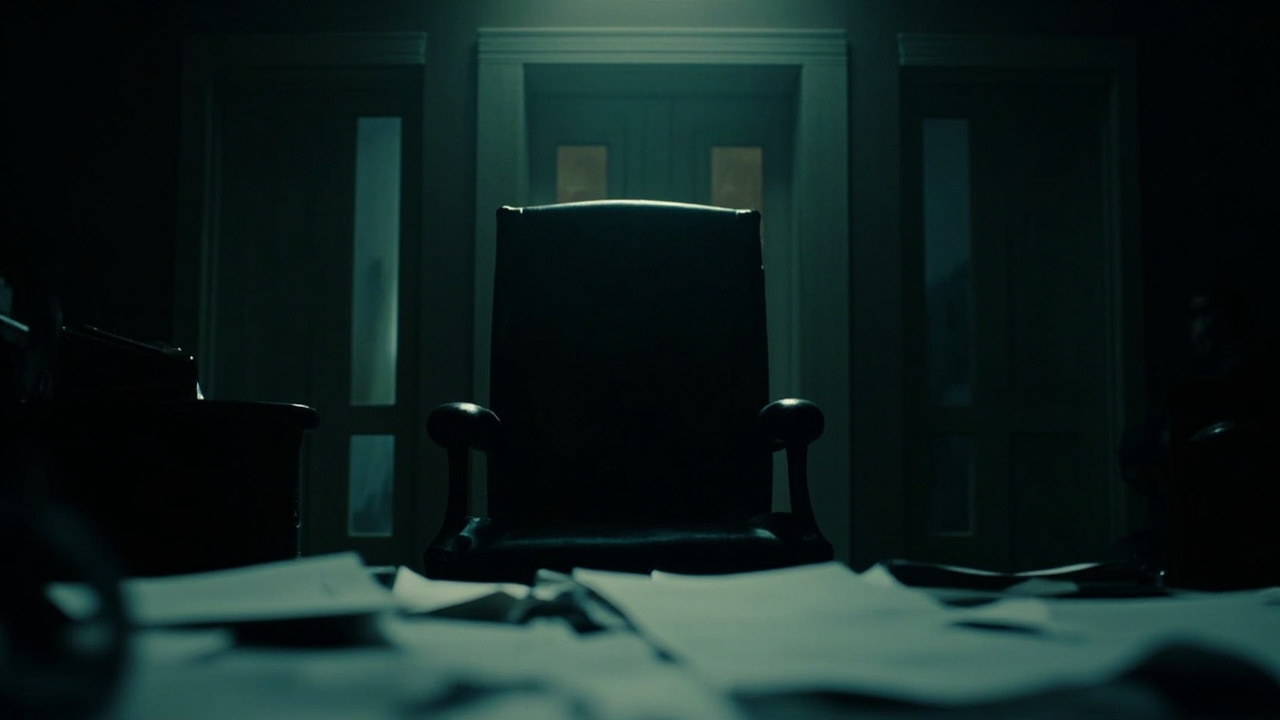 Empty executive chair behind desk with scattered official papers in dimly lit government office