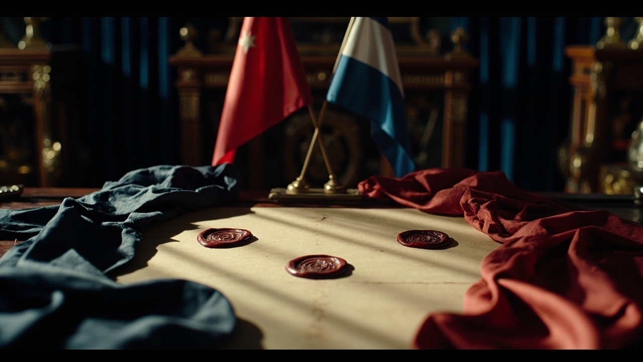 Sealed diplomatic documents with national flags and wax seals on polished wooden table in formal chamber