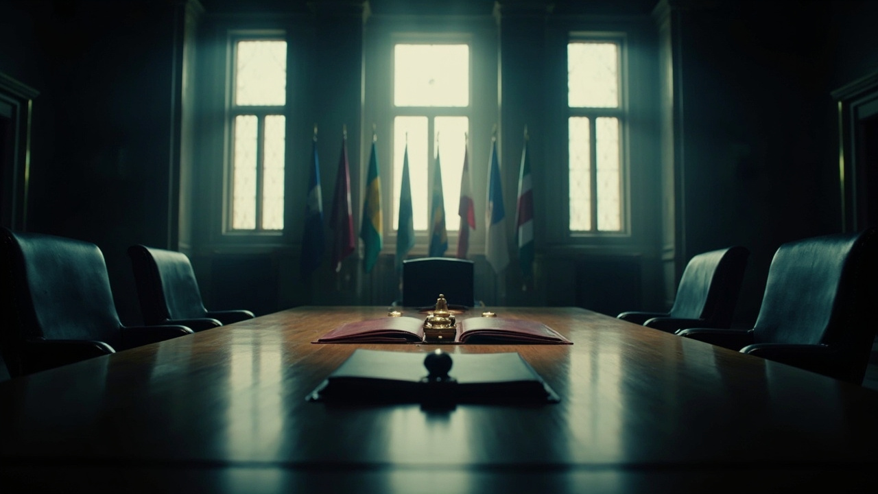 Empty diplomatic conference table with flags, document folders, and ceremonial treaty signing instruments in formal hall