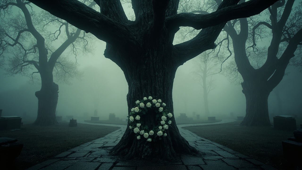 Bare oak tree in fog with white rose wreath at base, stone path visible through mist