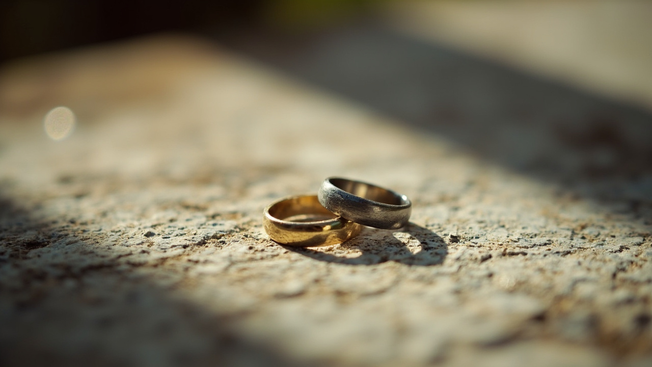Two plain metal wedding bands resting on natural stone surface with dramatic shadow