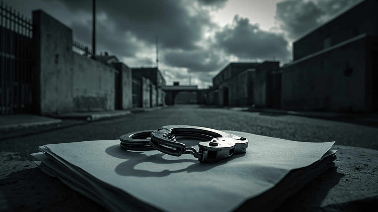 Metal handcuffs on government documents beside concrete barriers in overcast light