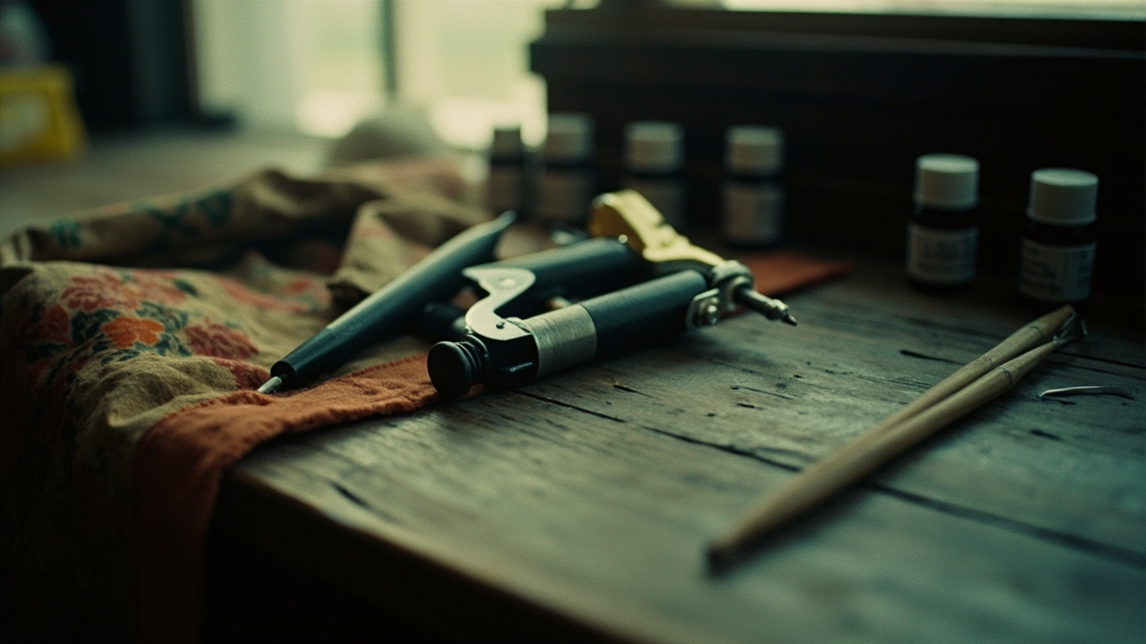 Tattoo machine and black ink bottles arranged with polka-dot patterned fabric on wooden table in soft window light