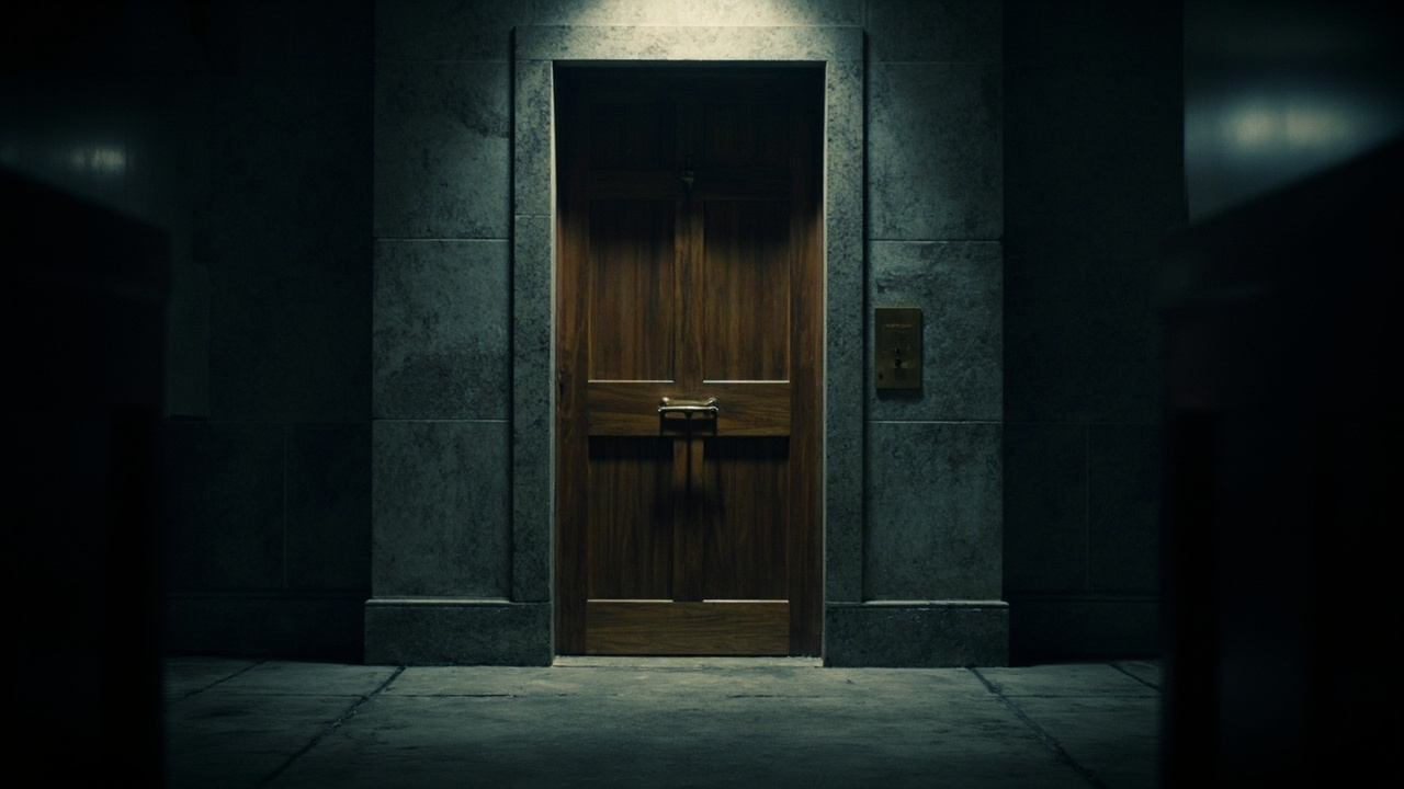 Closed wooden courtroom door in gray stone corridor with brass fixtures under overhead lighting