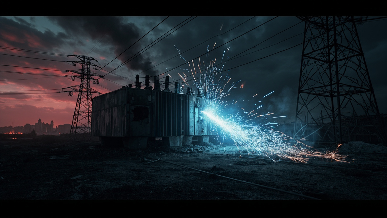 Severed high-voltage power cables and dark transmission towers under overcast sky