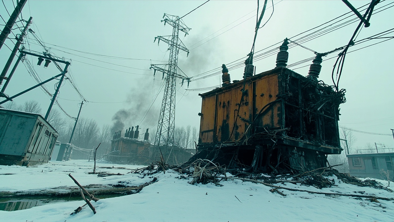 Scorched electrical substation equipment with damaged cables in snowy industrial area
