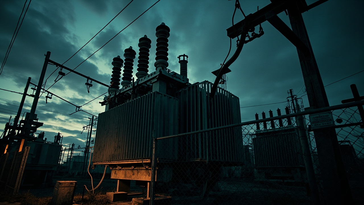 Industrial transformer with cooling fins and insulated cables in shadowy electrical substation yard