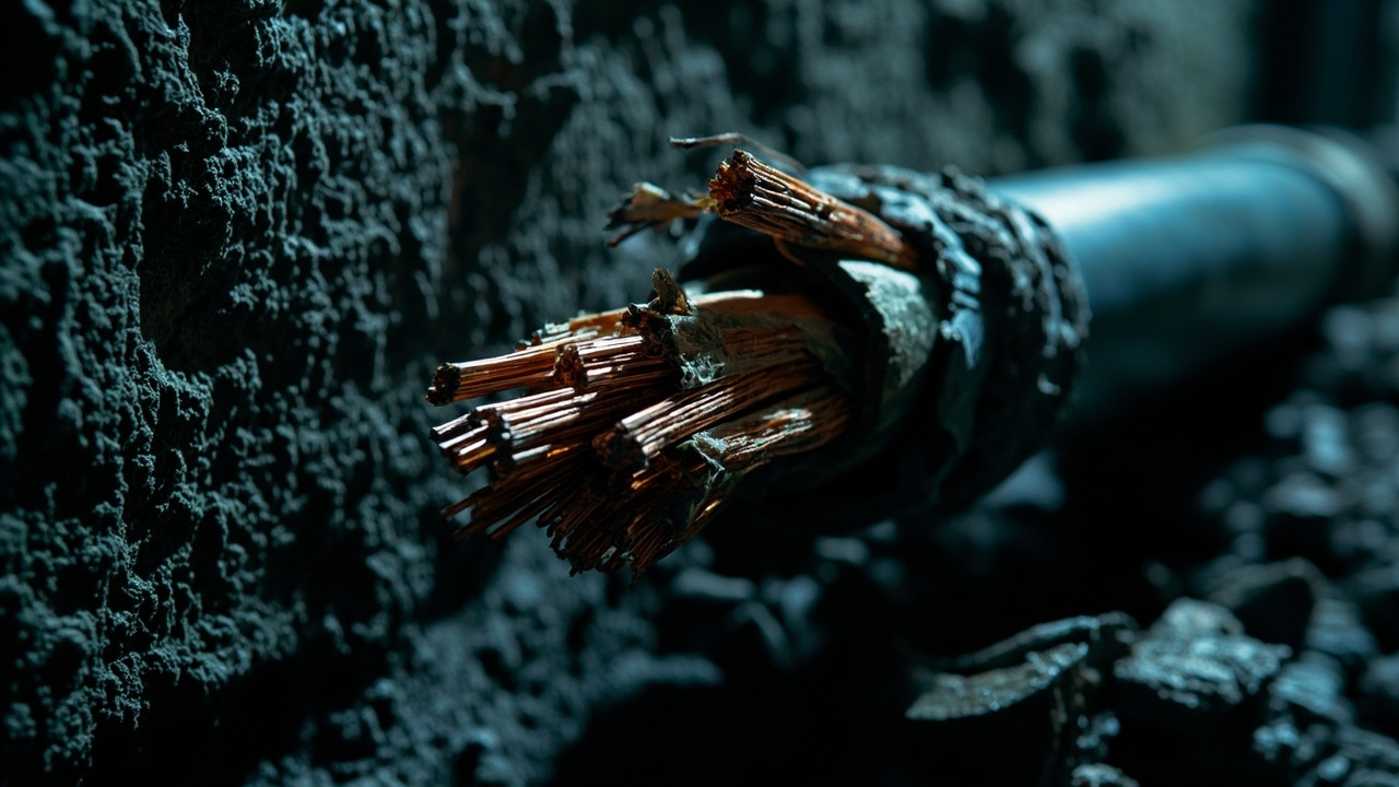 Severed industrial electrical cables with frayed copper wiring against concrete utility tunnel wall