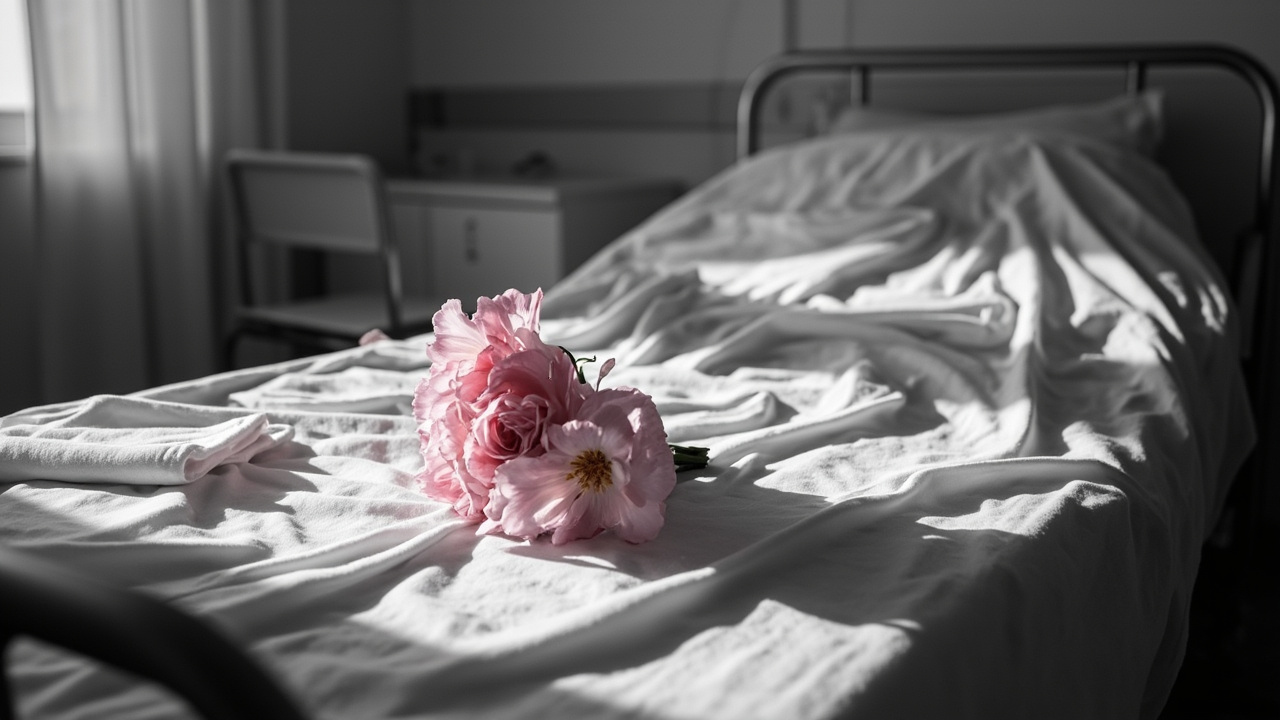 Empty hospital bed with wrinkled linens and pink flowers on nightstand in austere medical room