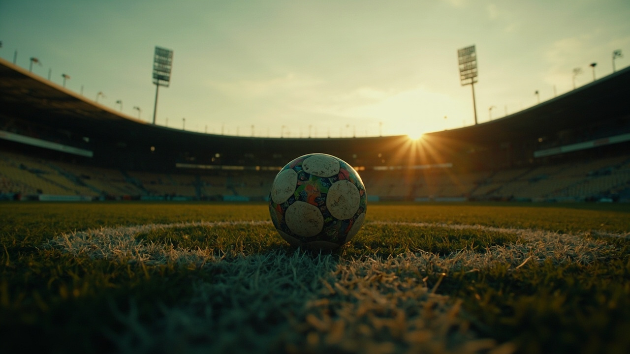 A lone soccer ball sits on the center circle of an empty professional stadium field at dusk with goal posts visible.