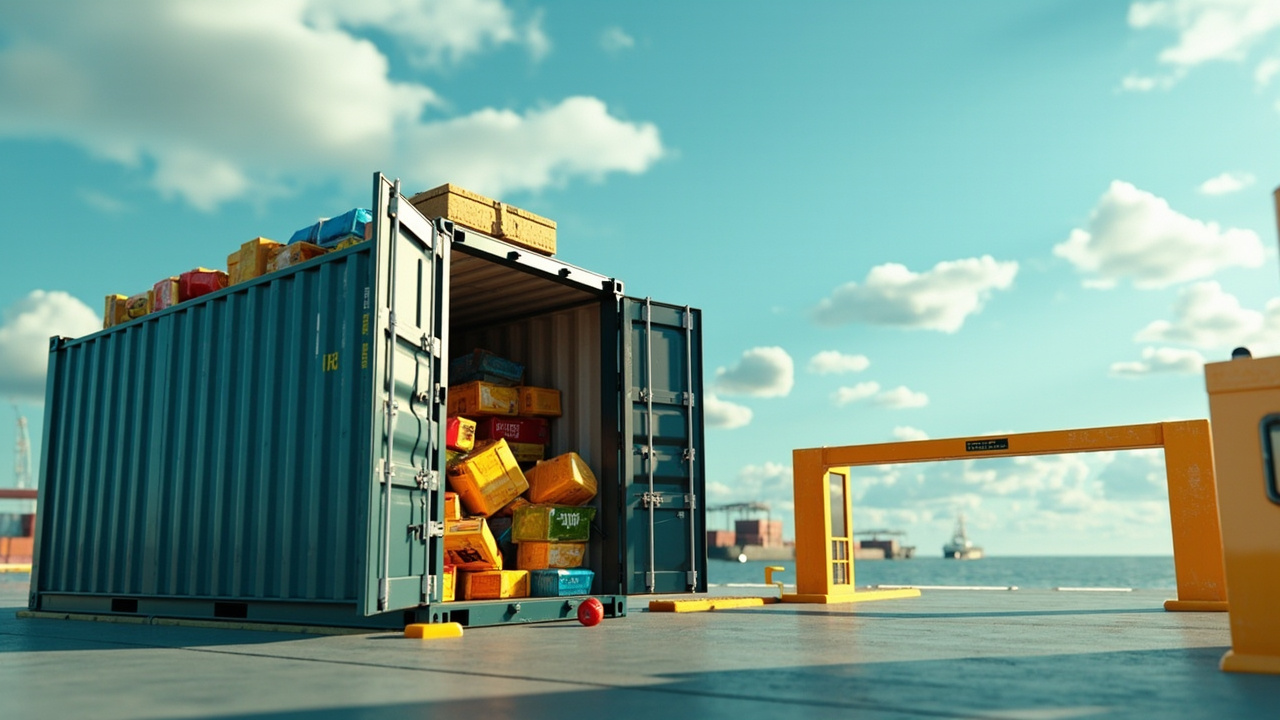 Open shipping container at customs checkpoint with raised barrier gate against map backdrop showing Europe and South America trade routes