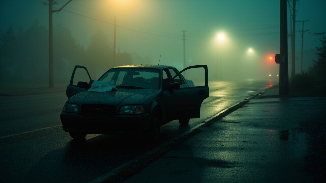 Abandoned sedan with ajar door at foggy intersection, wet pavement reflecting streetlights in early morning Pacific Northwest mist