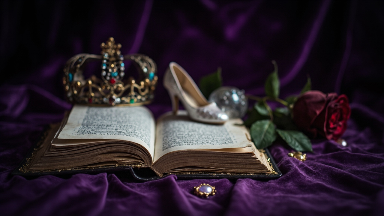 Open vintage storybook with golden pages surrounded by fairy tale props including crown and glass slipper on velvet surface