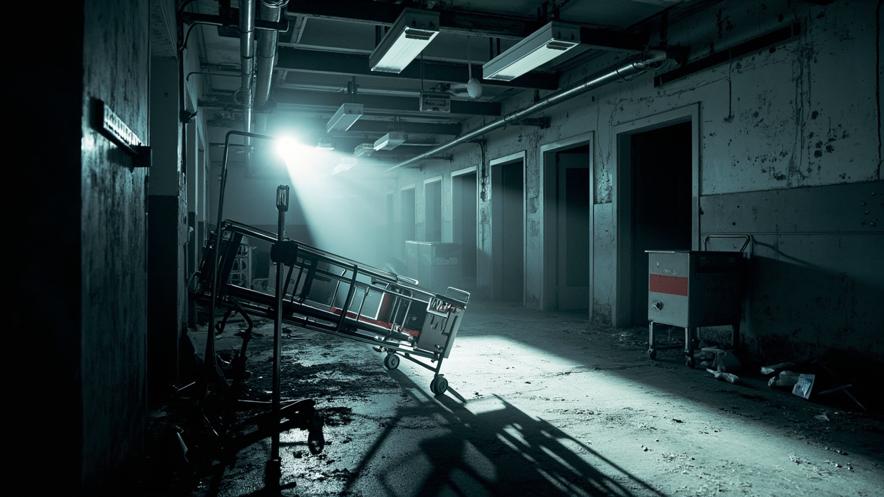 Overturned hospital gurney in harsh fluorescent-lit corridor with scattered medical supplies on floor