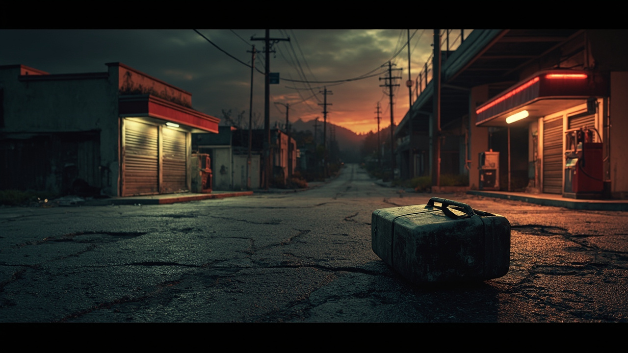 Empty fuel canister on cracked pavement near closed bank and gas station at twilight
