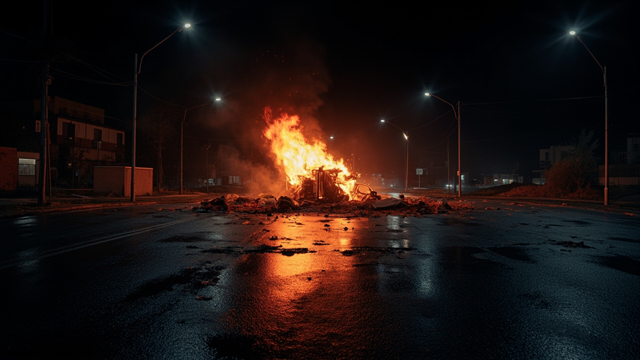 Overturned car burning at night on empty city roundabout with debris scattered across dark pavement