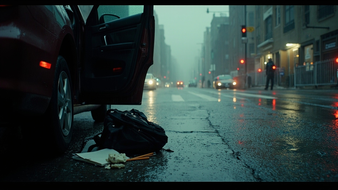 Child's backpack and scattered items beside open car door on wet urban street with police barriers in background