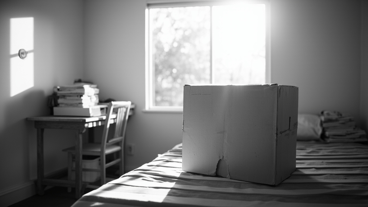 Empty college dorm room with packed moving boxes on bare mattress, morning sunlight through window
