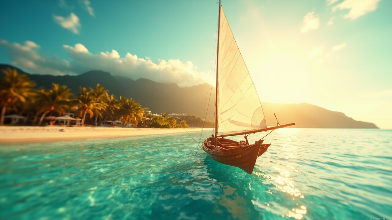 Sailboat with white sails on calm blue ocean water, sandy beach and green mountains in background under clear sky