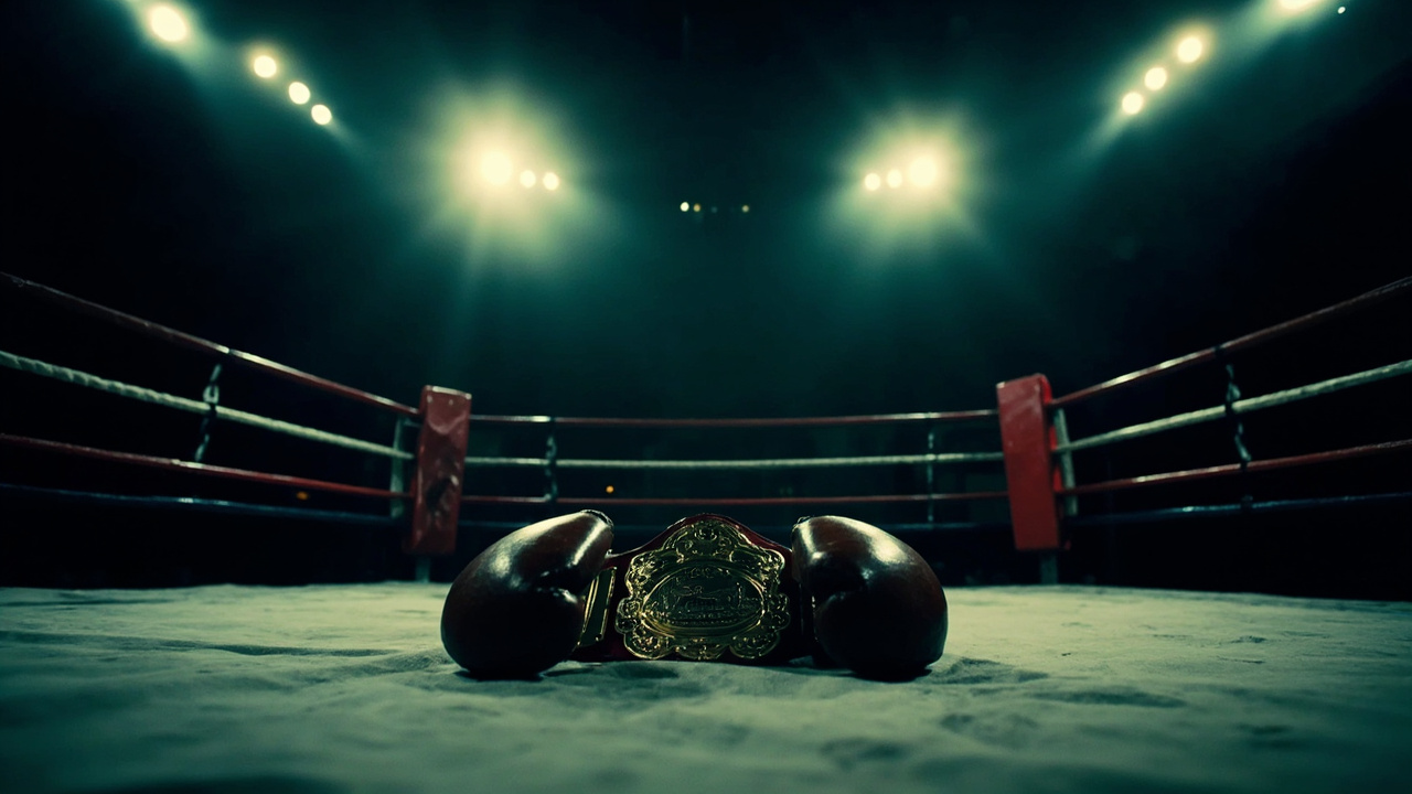 Championship boxing belt on canvas in empty ring under dramatic arena lighting with corner posts visible