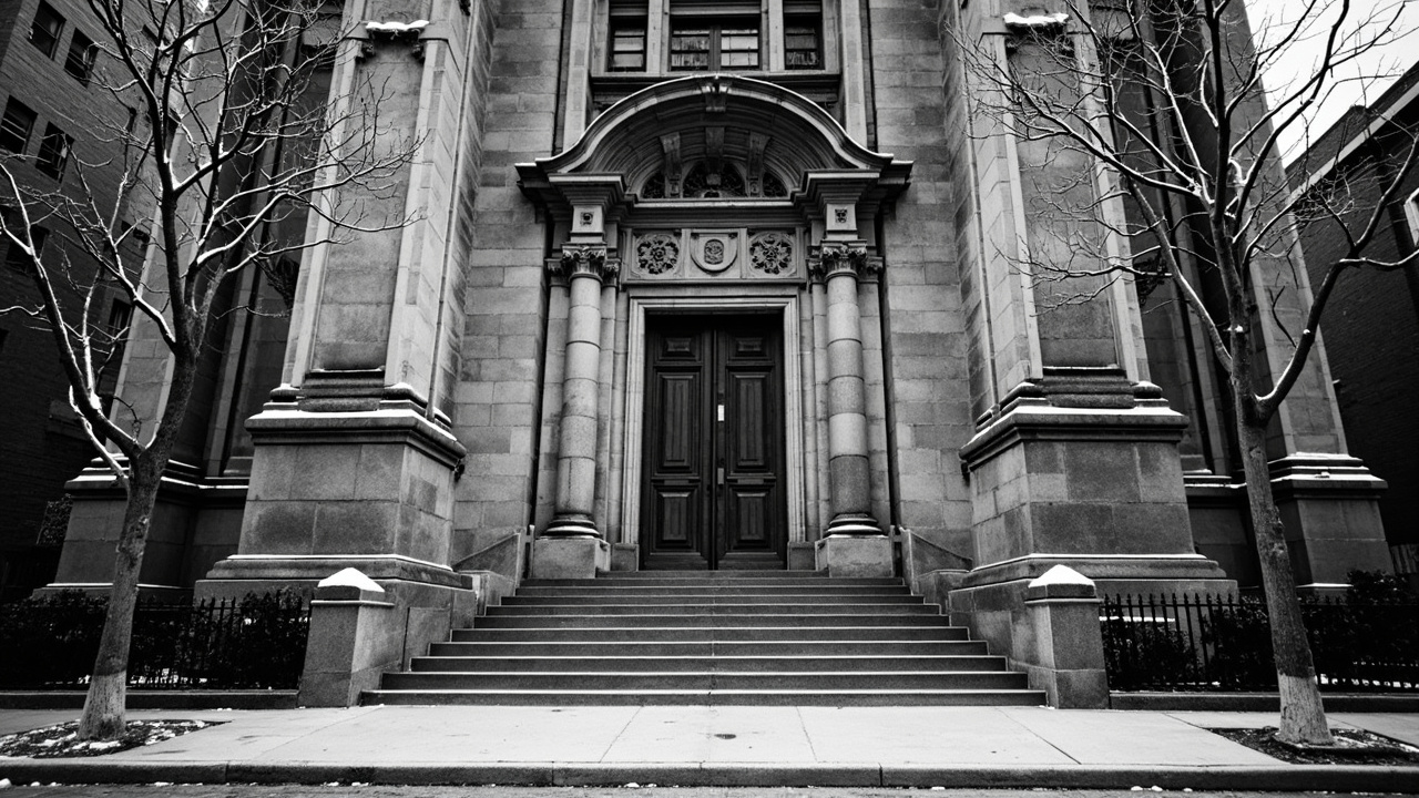 Gothic church entrance with ornate doors and columns on empty New York City street under overcast winter sky