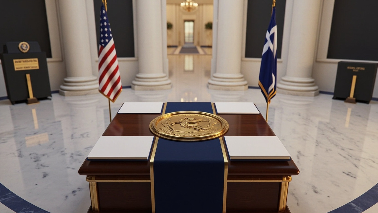 Diplomatic office desk with Greek and American flags, mahogany surface, official government setting with classical columns