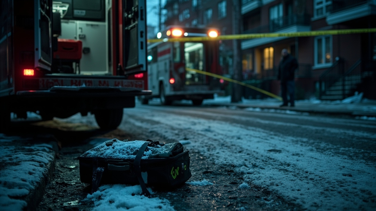 Emergency medical bag sits unopened on urban street beside damaged vehicle and yellow police tape in cold morning light