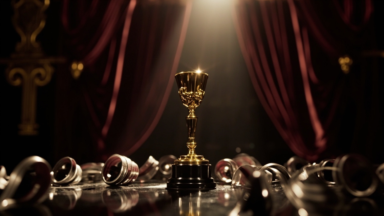 Golden award statuette on dark surface with film reels and dramatic stage lighting in background