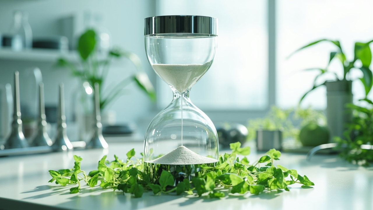 Chrome hourglass with flowing sand next to green plant shoots on clean white laboratory surface