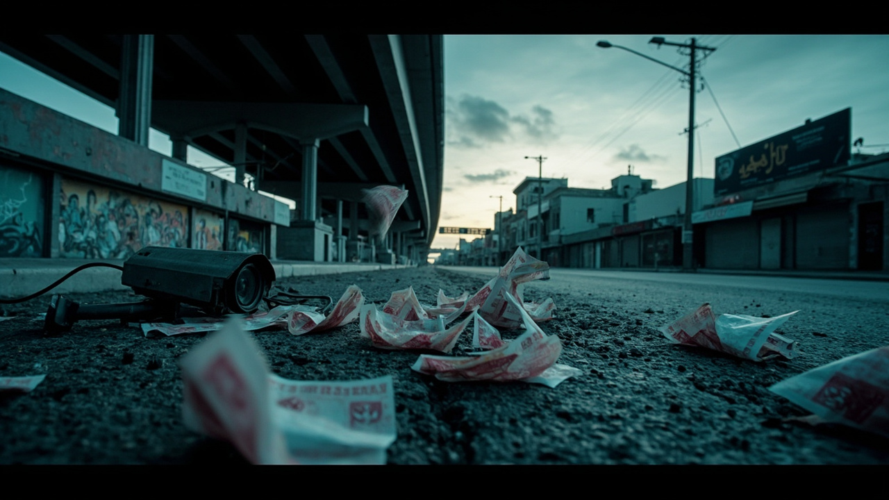 Empty urban street at twilight with broken security camera and scattered banknotes on asphalt under overpass