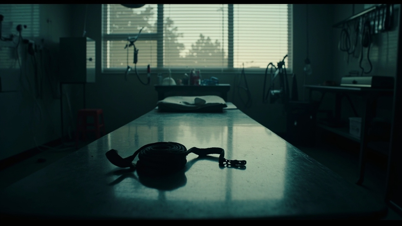 Empty dog leash and collar on steel veterinary table in quiet clinical room with medical instruments nearby
