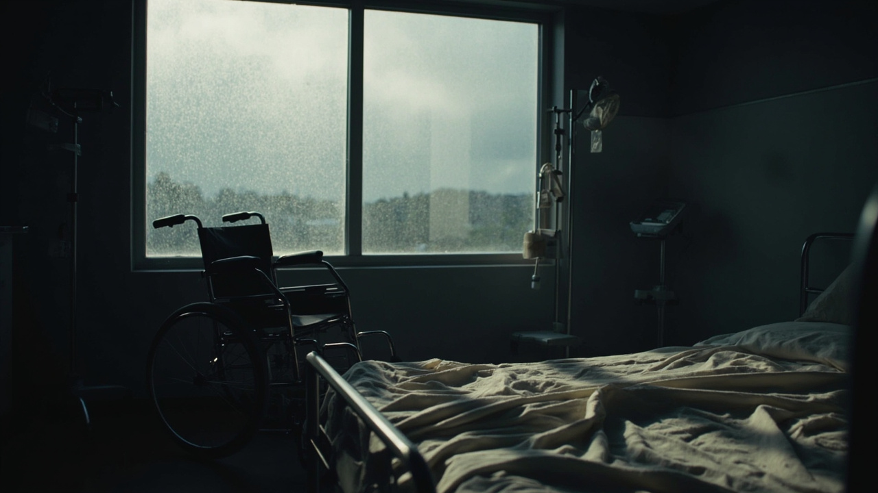 Empty wheelchair positioned beside rain-covered window in dim hospital room with medical equipment