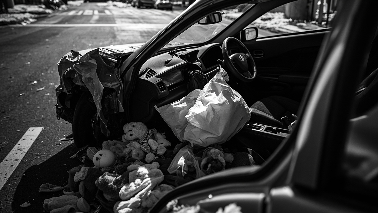 Crashed SUV with stuffed animals spilling from glove compartment, bloodstained deployed airbag, winter urban street wreckage