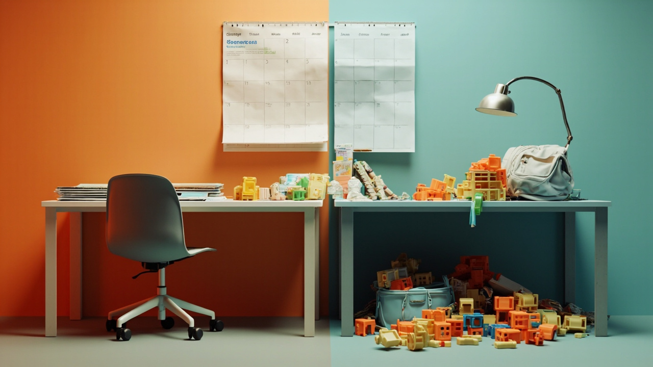 Two office desks side by side, one neat with travel guides, the other cluttered with children's toys and scattered papers