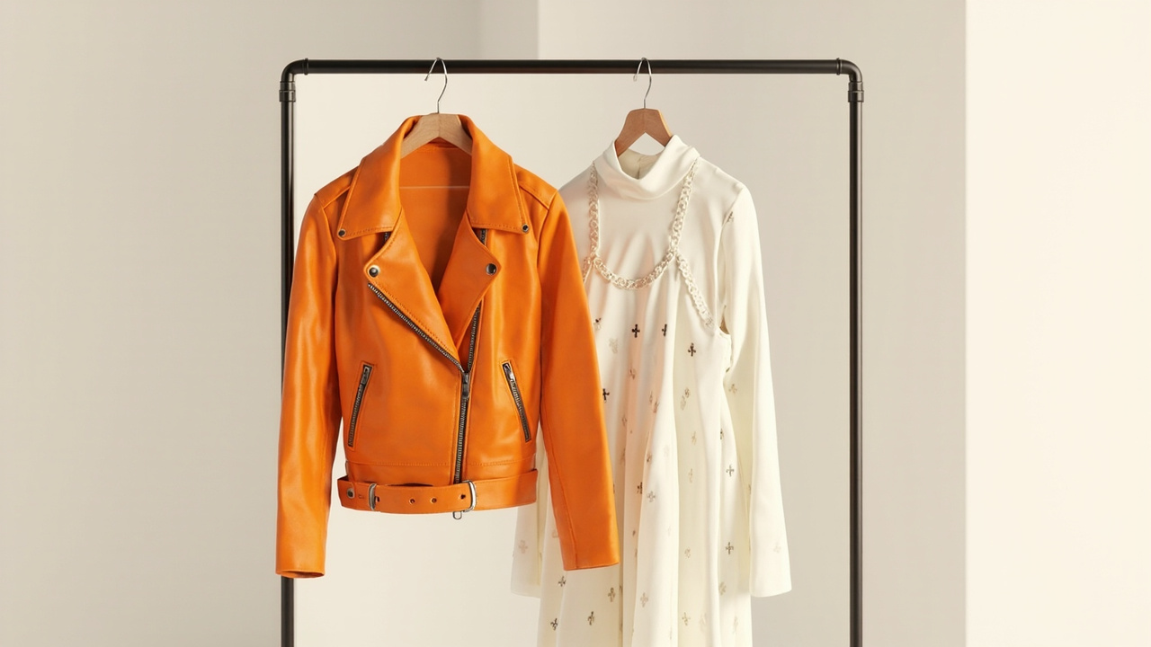 Orange leather jacket and gown with triangular cutouts on clothing rack in minimalist studio with geometric lighting