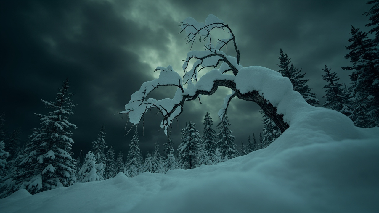 Birch branch bending under heavy snow load against dark stormy winter sky in forest