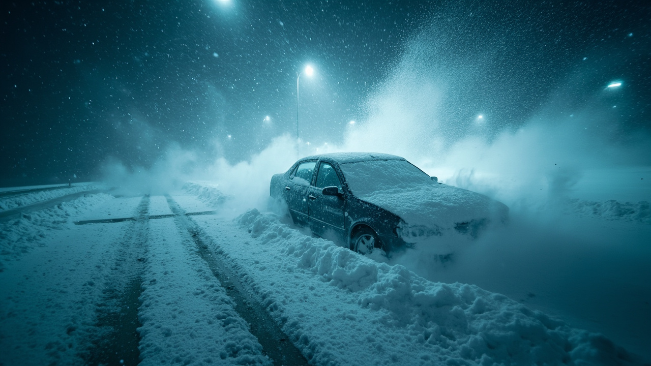 Snow-covered car buried in deep snowdrift on empty highway during severe blizzard with near-zero visibility
