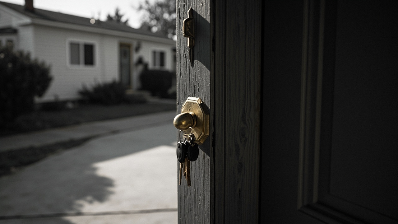 Locked front door of rental home with keys in lock, empty porch, late afternoon shadows across threshold