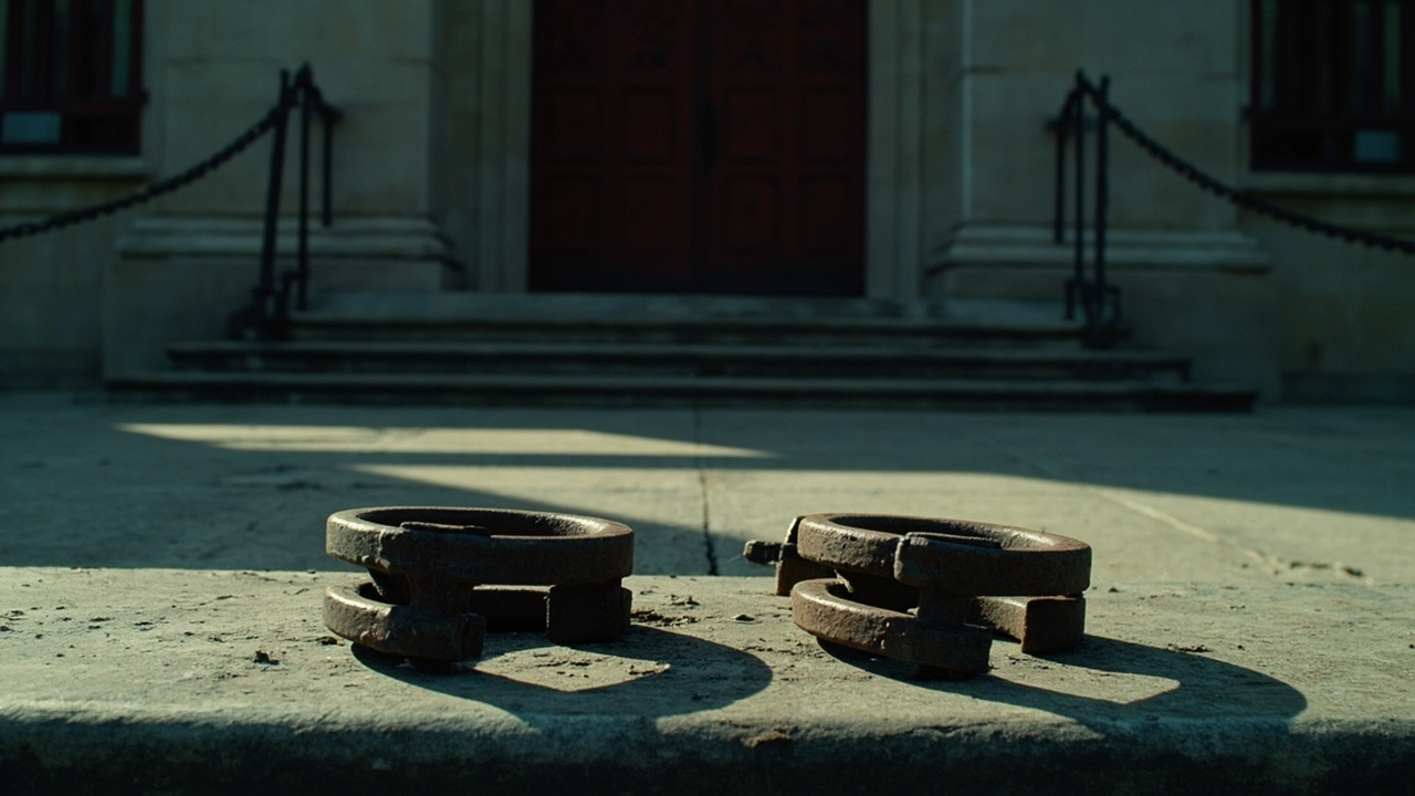 Heavy iron shackles rest on cold concrete courthouse steps beneath gray overcast sky with barred windows visible