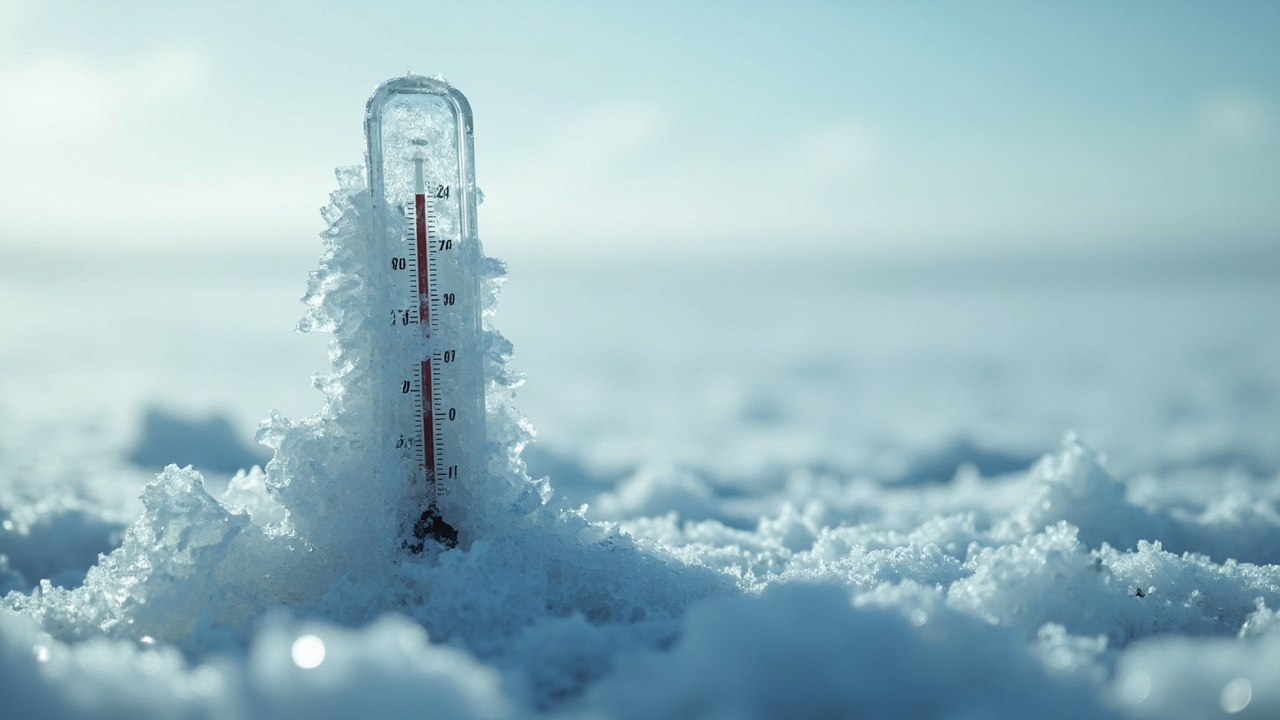 Frozen thermometer surrounded by thick ice crystals against a cold blue winter landscape