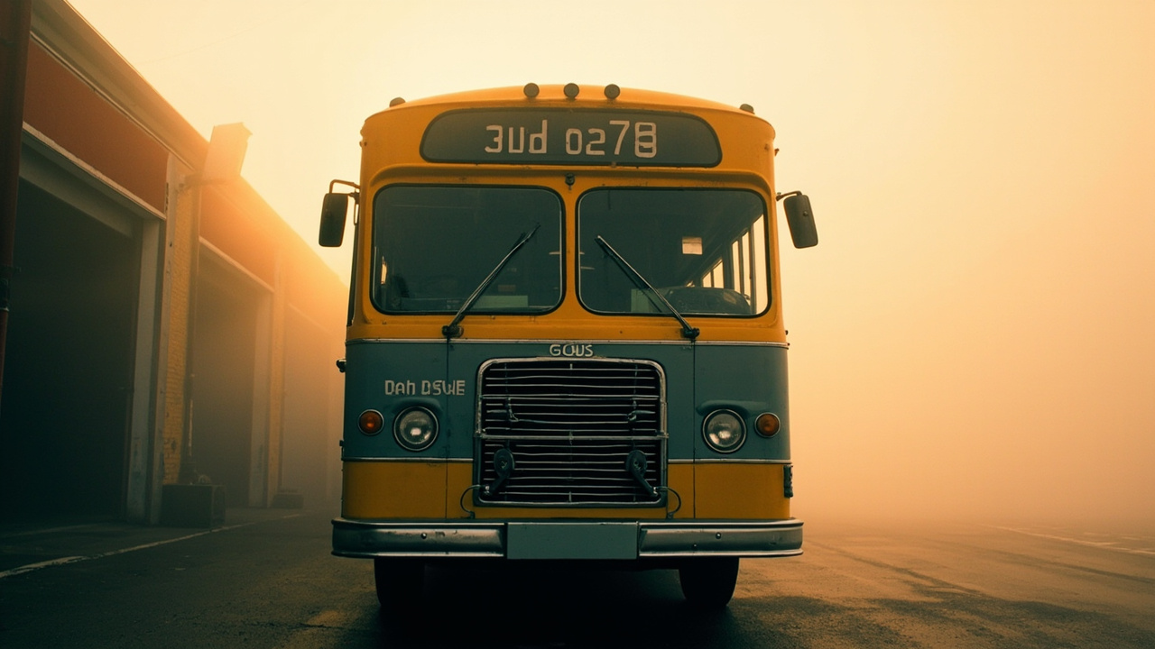 Front view of yellow line bus at dawn depot with fog and inspection lights glowing