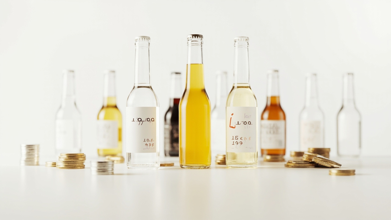 Amber and clear glass bottles arranged with euro coins on white surface in clinical lighting