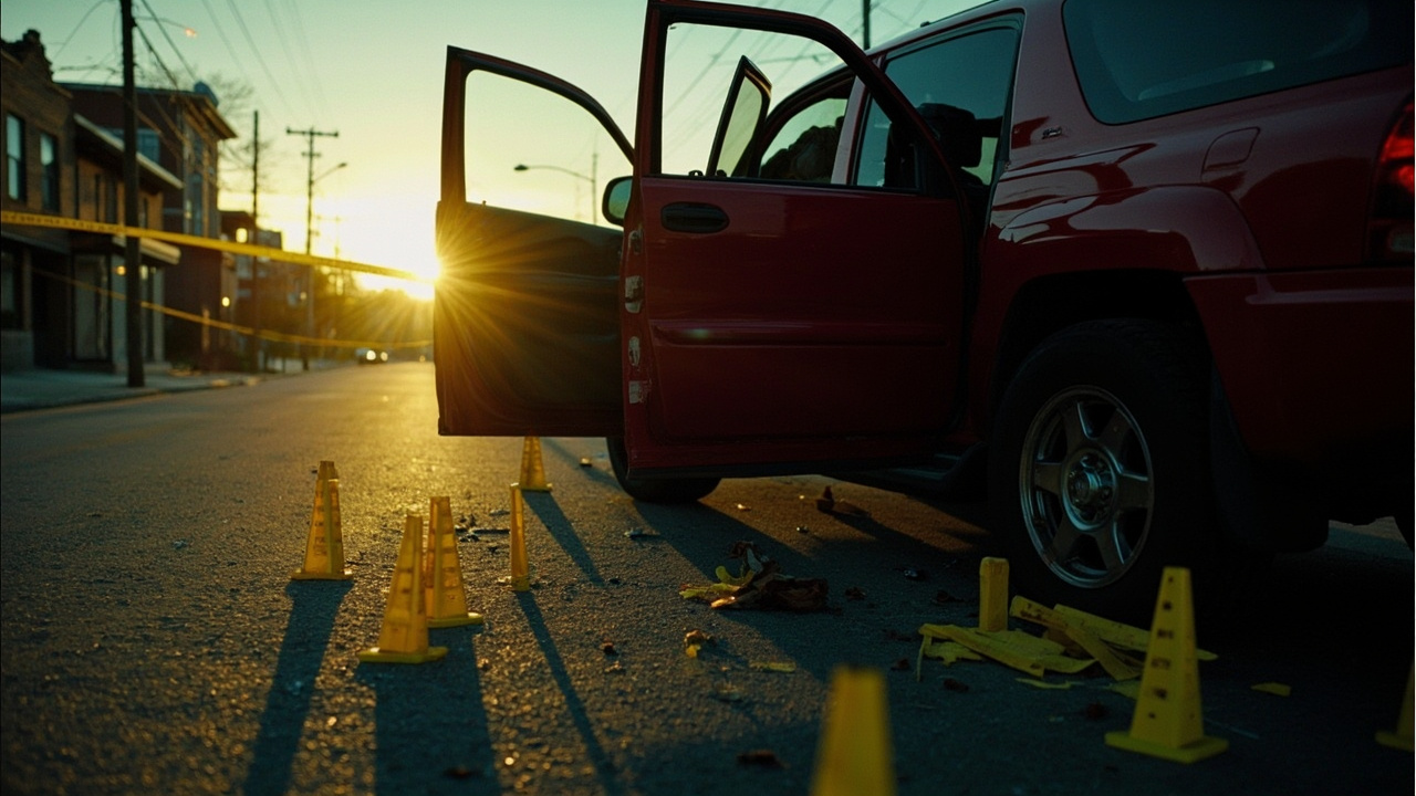 Red SUV with open door surrounded by yellow evidence markers on empty urban street at dusk